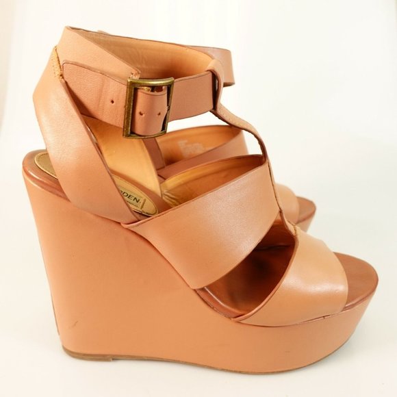STEVE MADDEN Peach Nude Keenia T‎ Strap Wedge Sandal 8.5 Ankle Strap Peep Toe - Picture 7 of 13